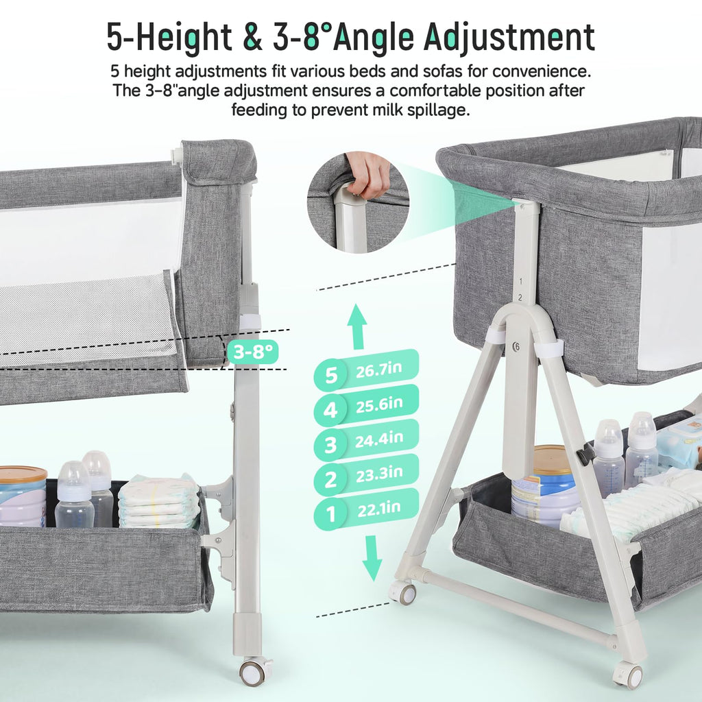 Baby Bassinet Bedside Crib with Mattress Wheel Storage Travel Bag Light Grey B87933