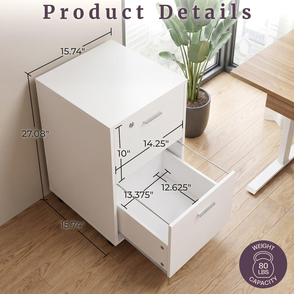 White 2-Drawer Wooden File Cabinet with Lock K56141