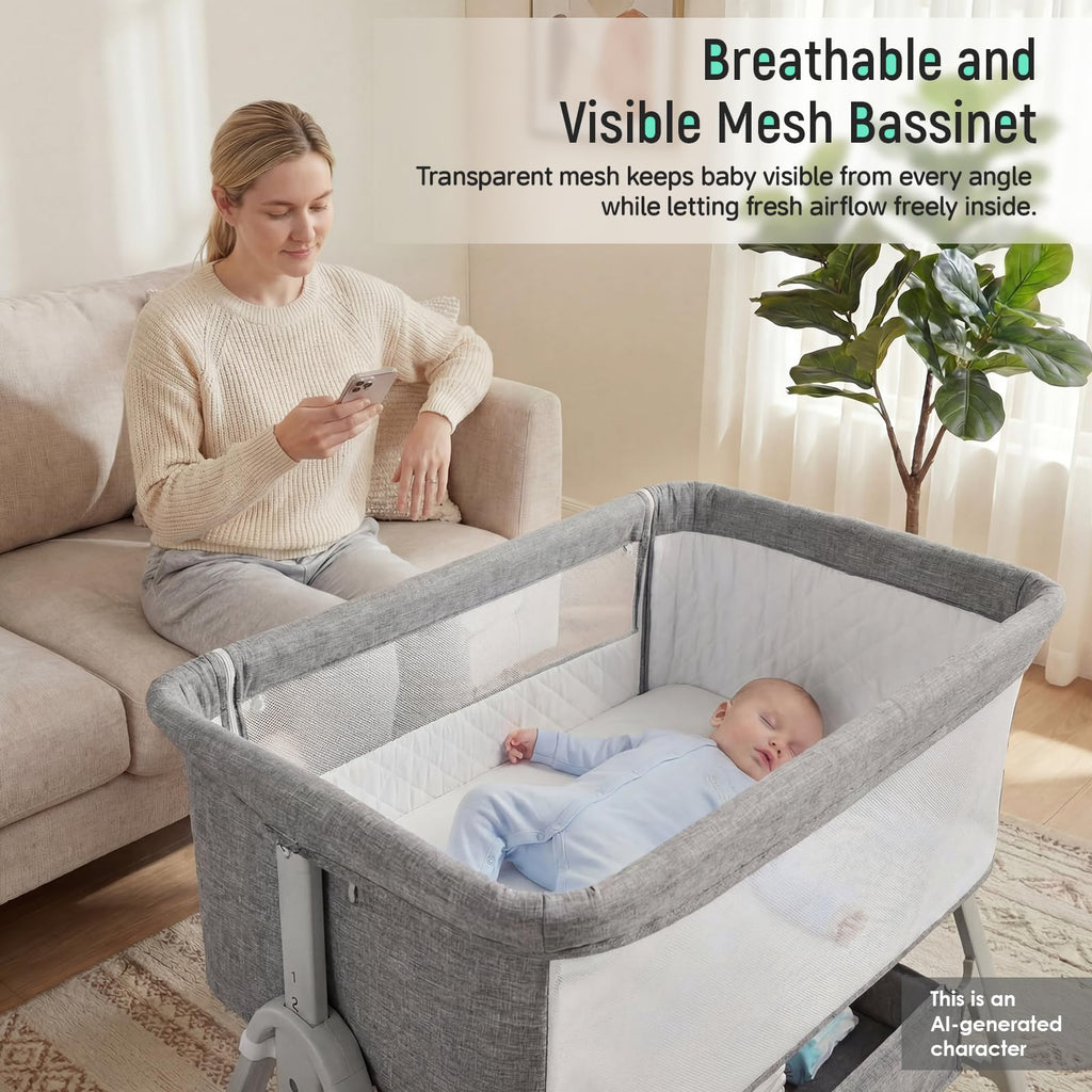 Baby Bassinet Bedside Crib with Mattress Wheel Storage Travel Bag Light Grey B87933