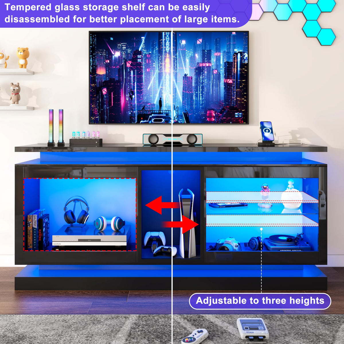 70" TV Stand with LED Lights and Power Outlets, Black T35574