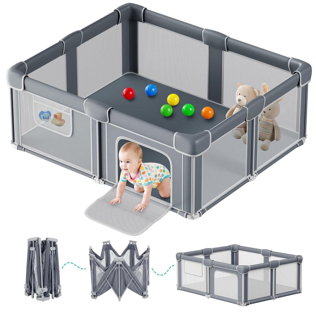 Foldable Baby Playpen with Mat, 71x59 Inches, Grey O26593