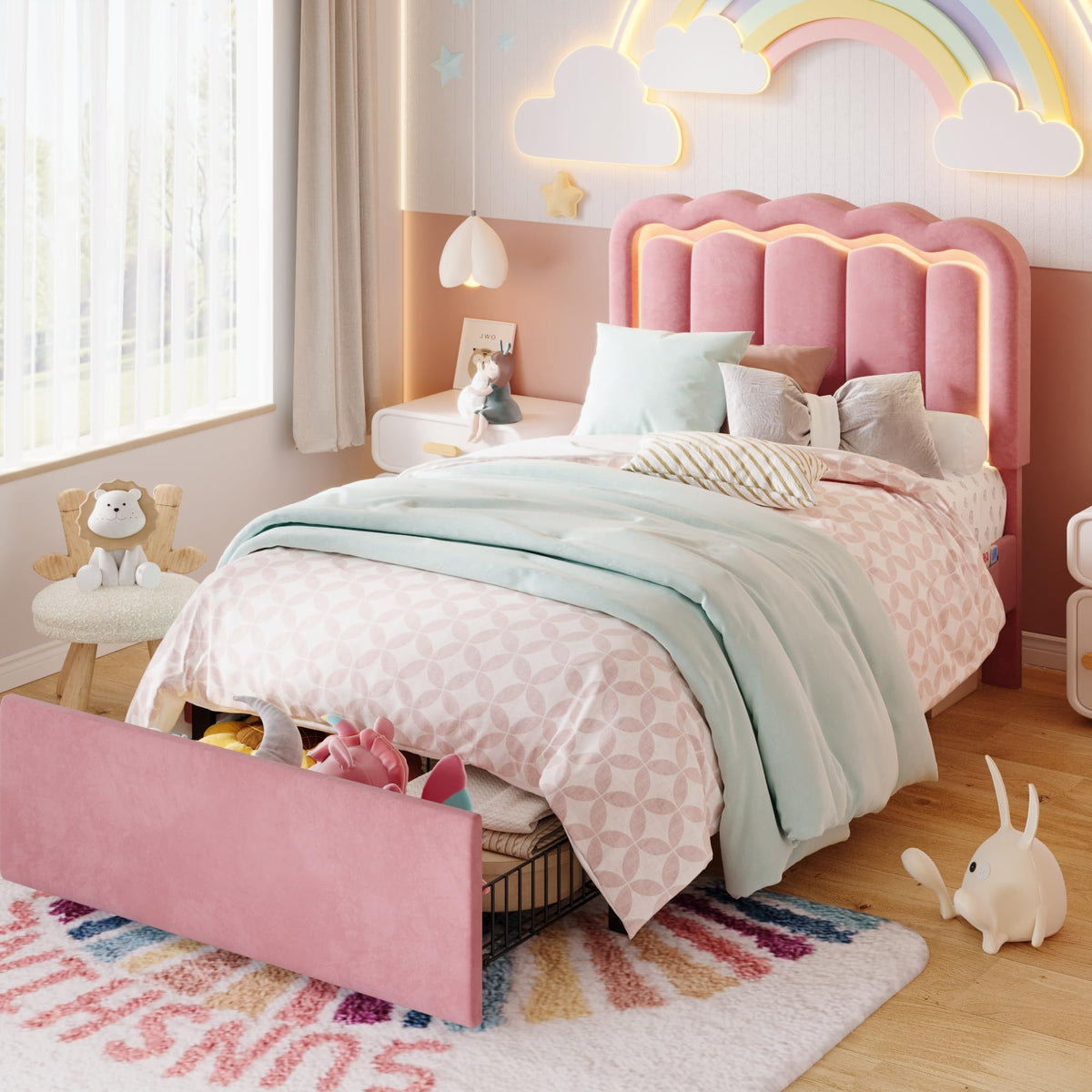 Twin Size Bed Frame with LED Lights and Storage Drawer T787