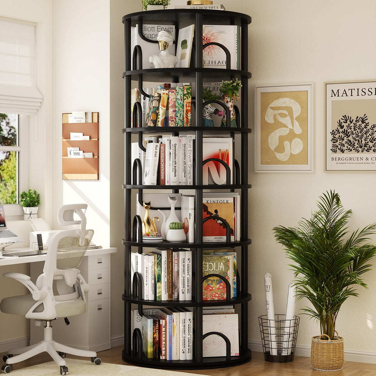 6 Tier Rotating Bookshelf Tower Black W858