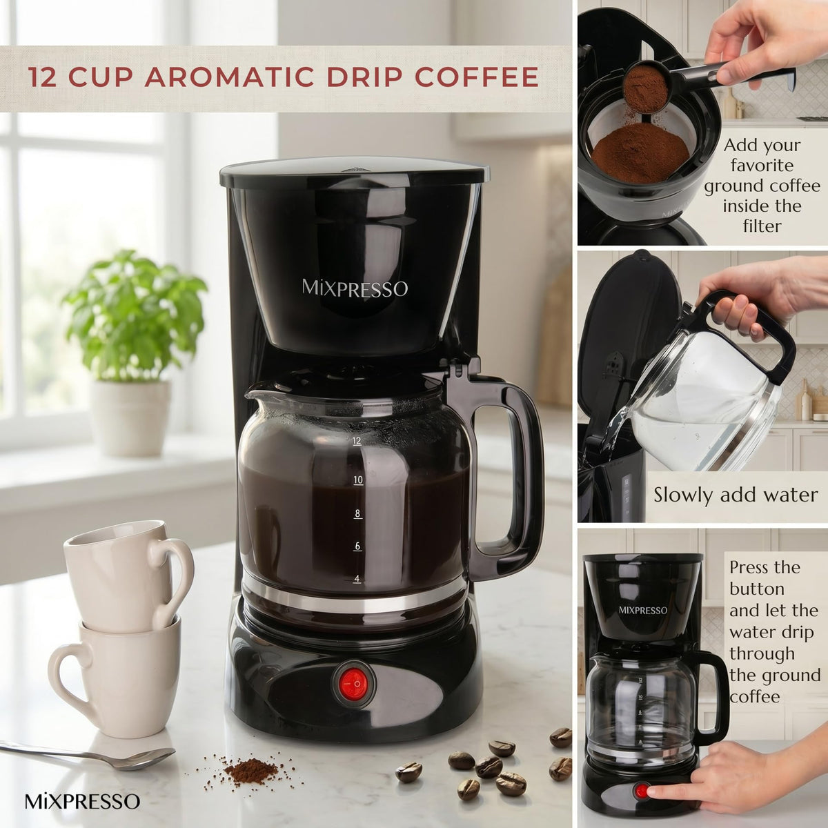 12 Cup Drip Coffee Maker with Reusable Filter, Black Q159