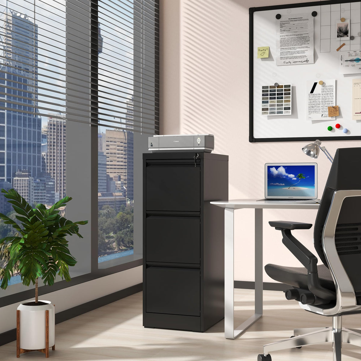 3 Drawer Black Metal File Cabinet with Lock B8594