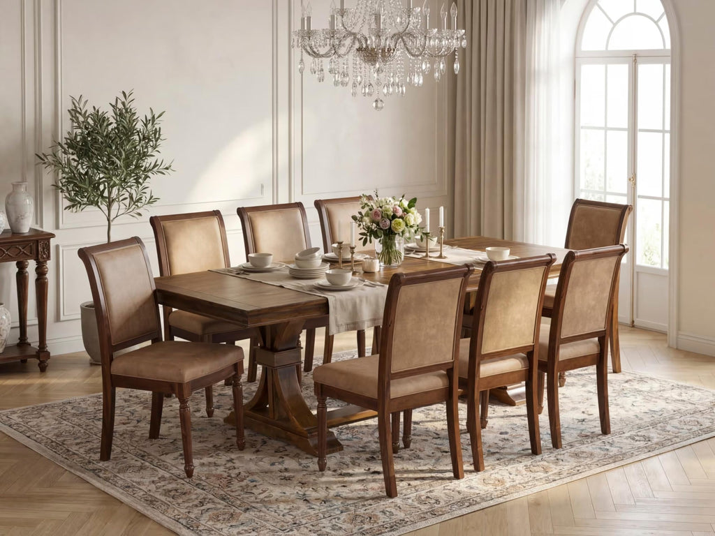 9 Piece Dining Table and 8 Beige Polyester Fabric Chairs Y459987