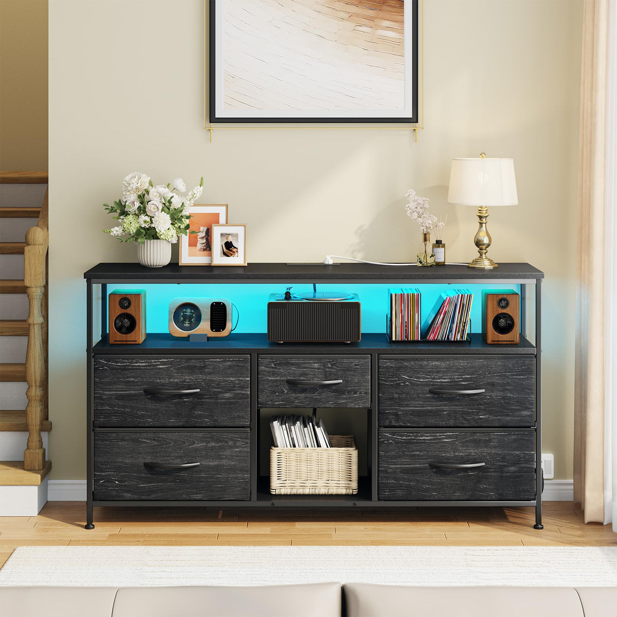 Black TV Stand with LED & Outlets, 5-Drawer Storage L40233