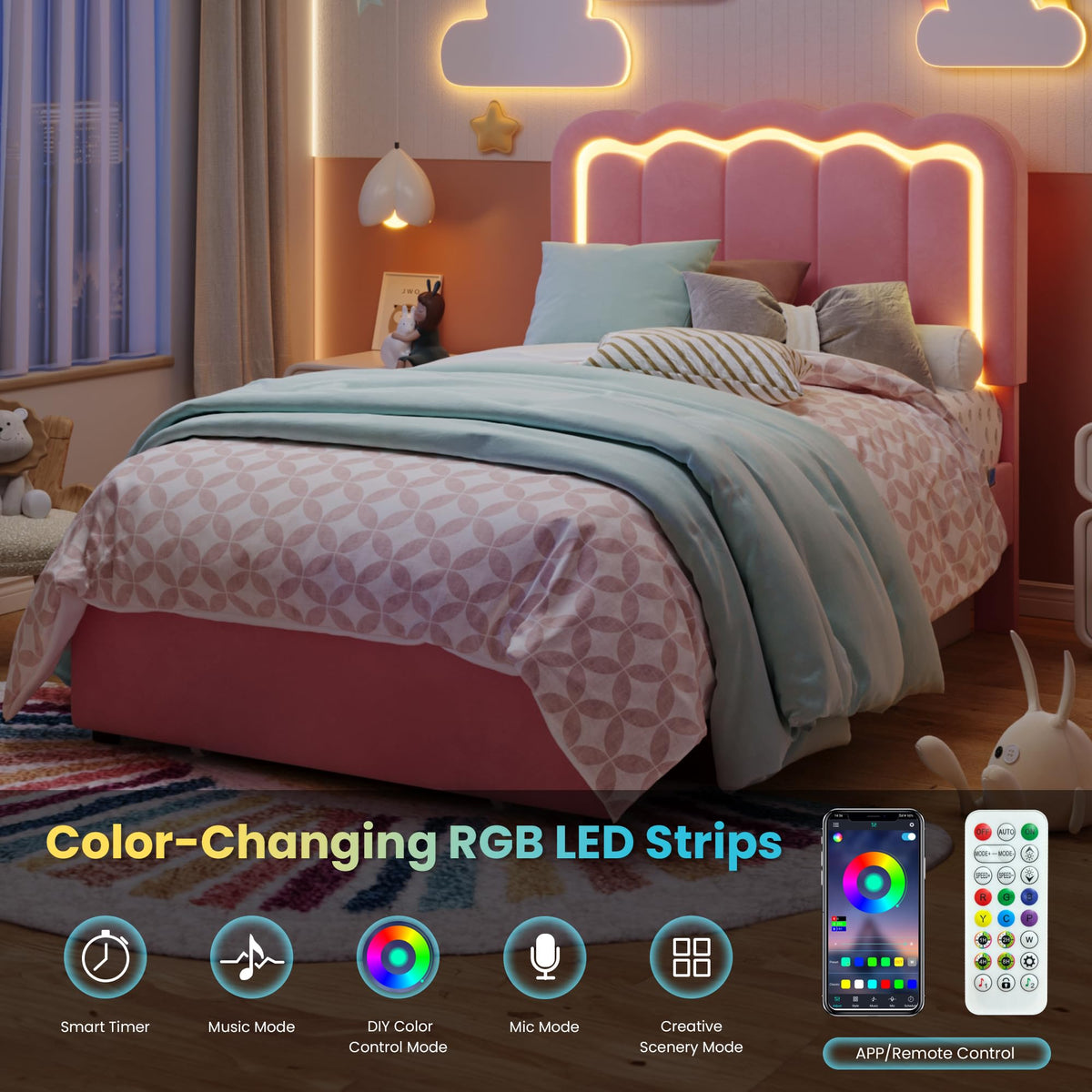 Twin Size Bed Frame with LED Lights and Storage Drawer T787