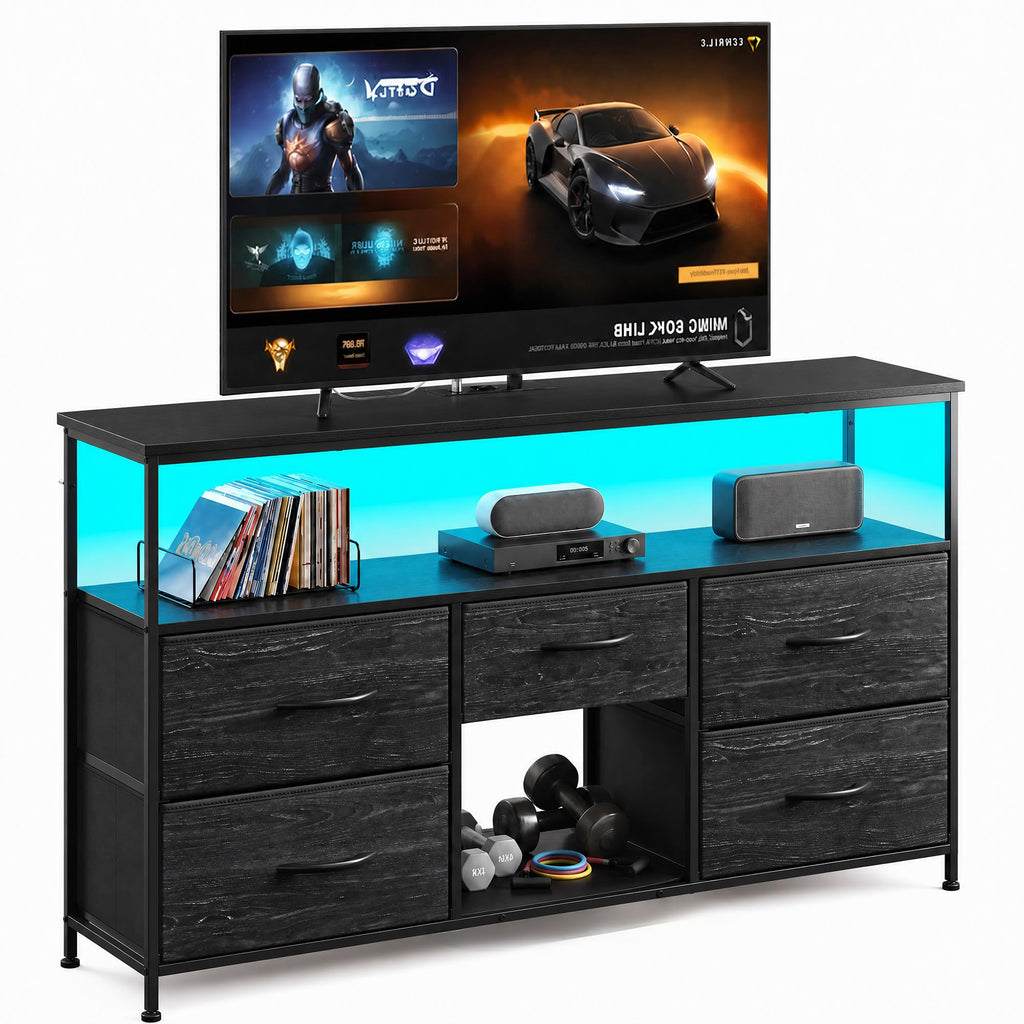 Black TV Stand with LED & Outlets, 5-Drawer Storage L40233