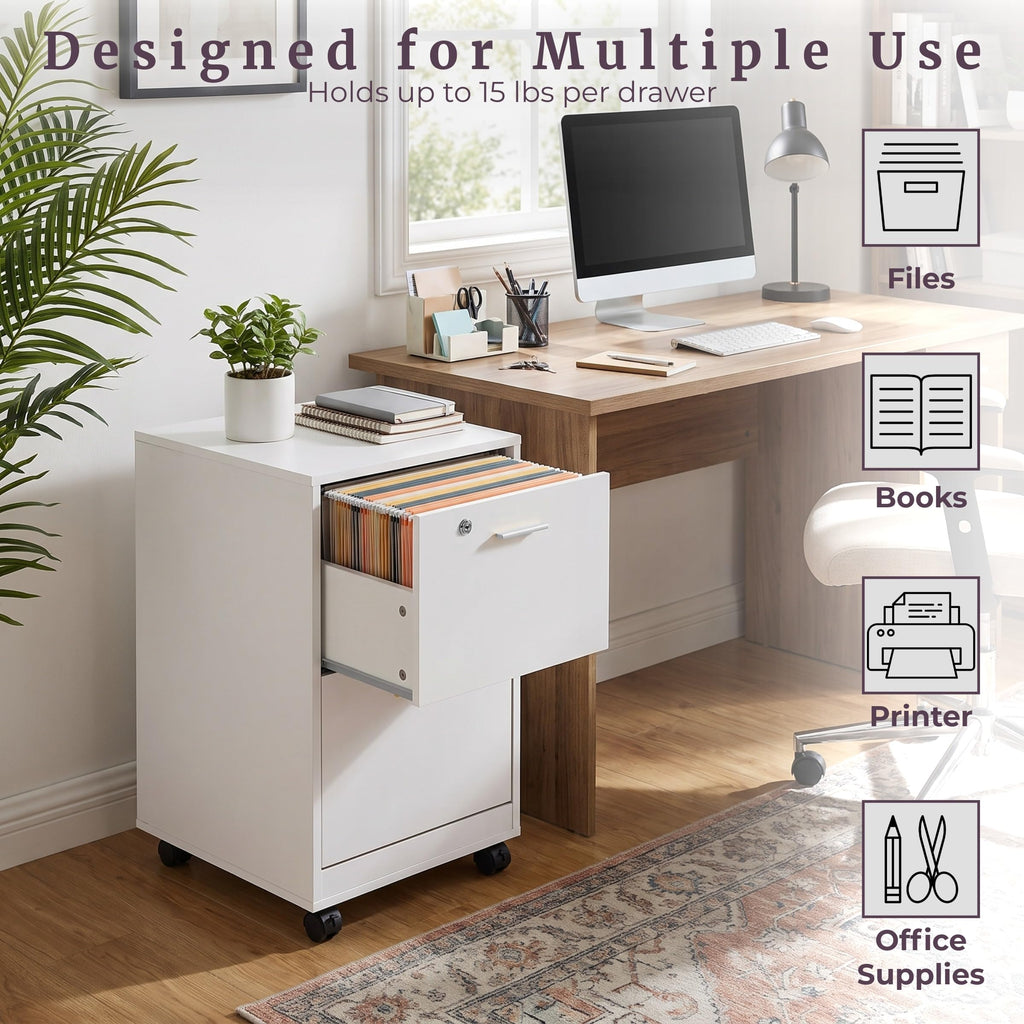 White 2-Drawer Wooden File Cabinet with Lock K56141