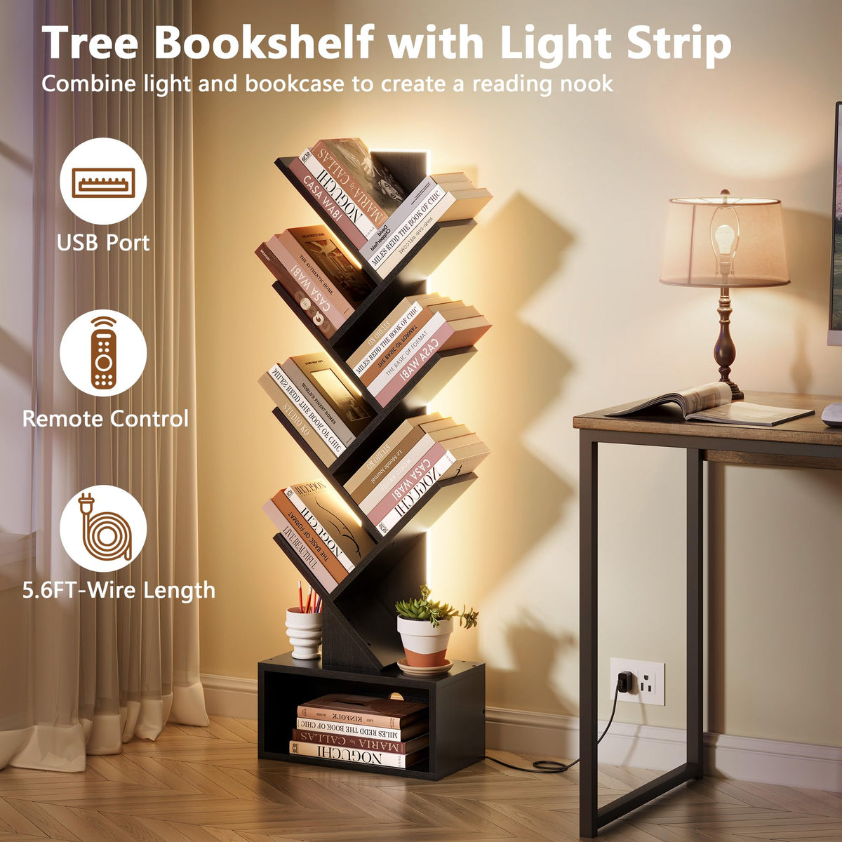 6 Tier Tree Bookshelf with Drawer and LED Lights I408