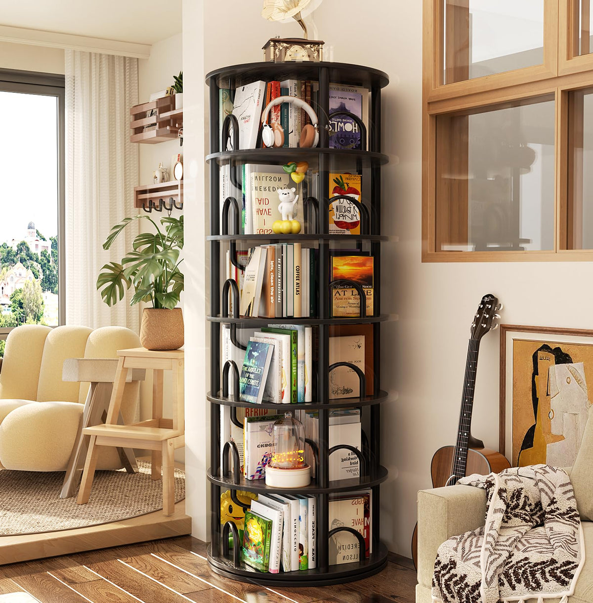 6 Tier Rotating Bookshelf Tower Black W858