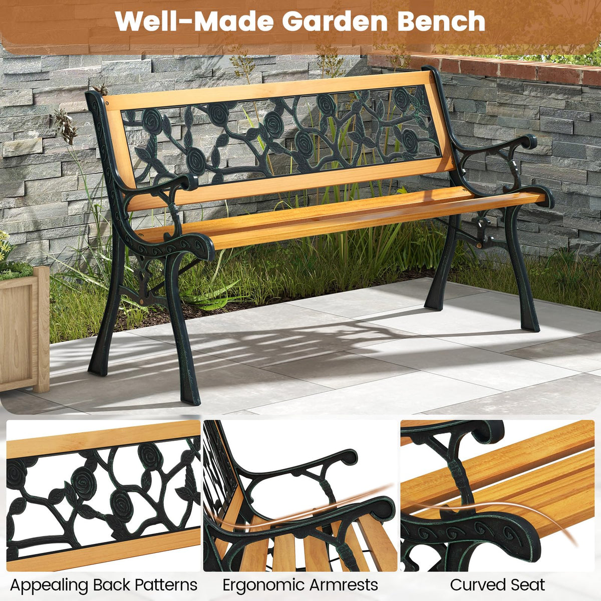 Iron Hardwood Garden Bench J749116