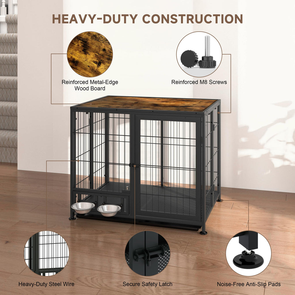 Heavy Duty Foldable Dog Crate with Wheels & Feeding Bowls Y707