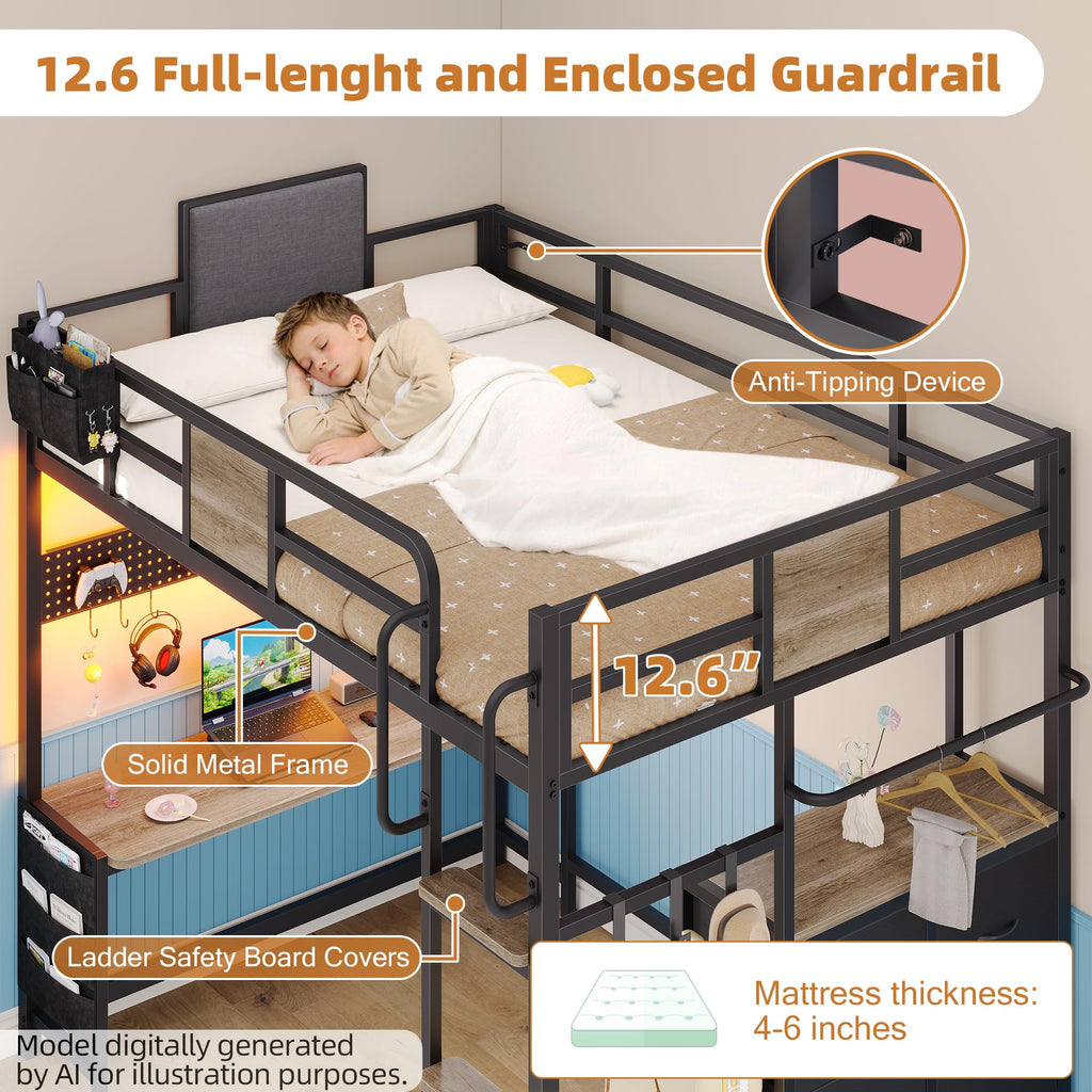 Twin Loft Bed with Storage and 6 Drawers C621083