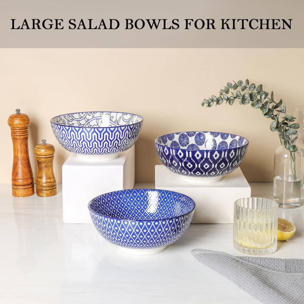 Ceramic 53 OZ Salad Bowls Set, Set of 3, Vintage Blue N728690