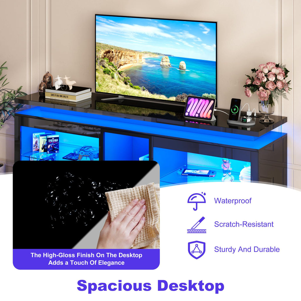 70" TV Stand with LED Lights and Power Outlets, Black T35574
