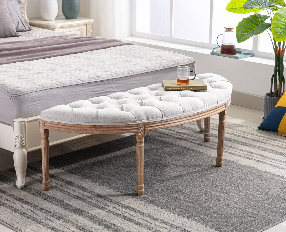 55" Upholstered Tufted Fabric Bench with Rubber Wood Legs, Beige P56621