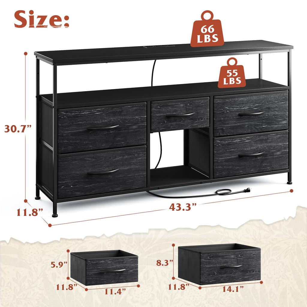 Black TV Stand with LED & Outlets, 5-Drawer Storage L40233