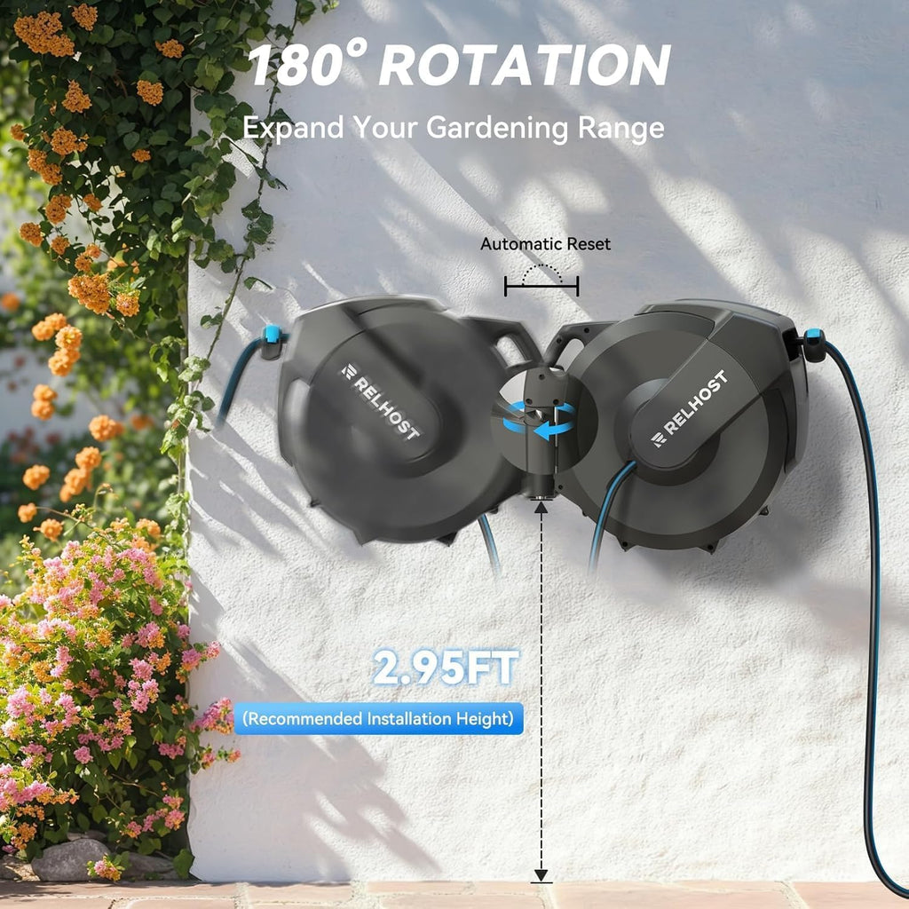 Retractable Garden Hose Reel, 1/2 in x 100 ft Wall Mount Heavy Duty with 10-Pattern Nozzle, Dark Grey L580106