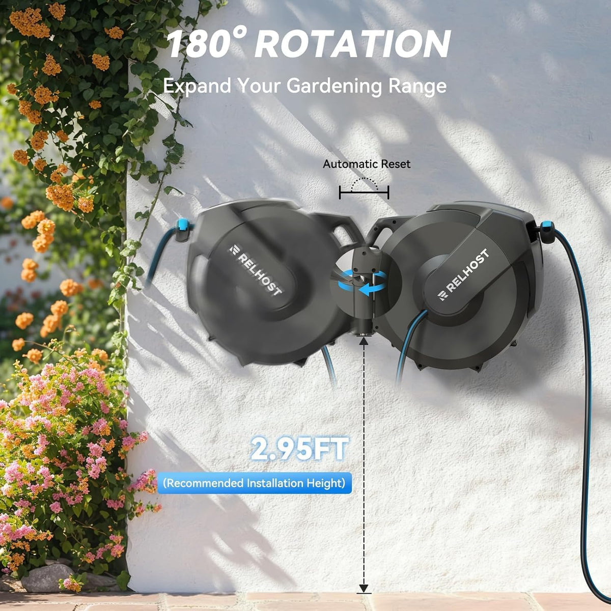 Retractable Garden Hose Reel, 1/2 in x 100 ft Wall Mount Heavy Duty with 10-Pattern Nozzle, Dark Grey L580106
