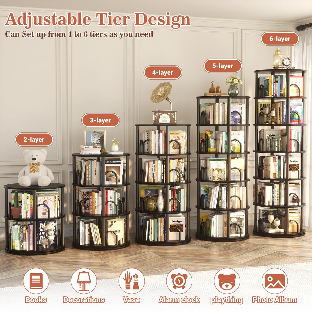 6 Tier Rotating Bookshelf Tower Black W858