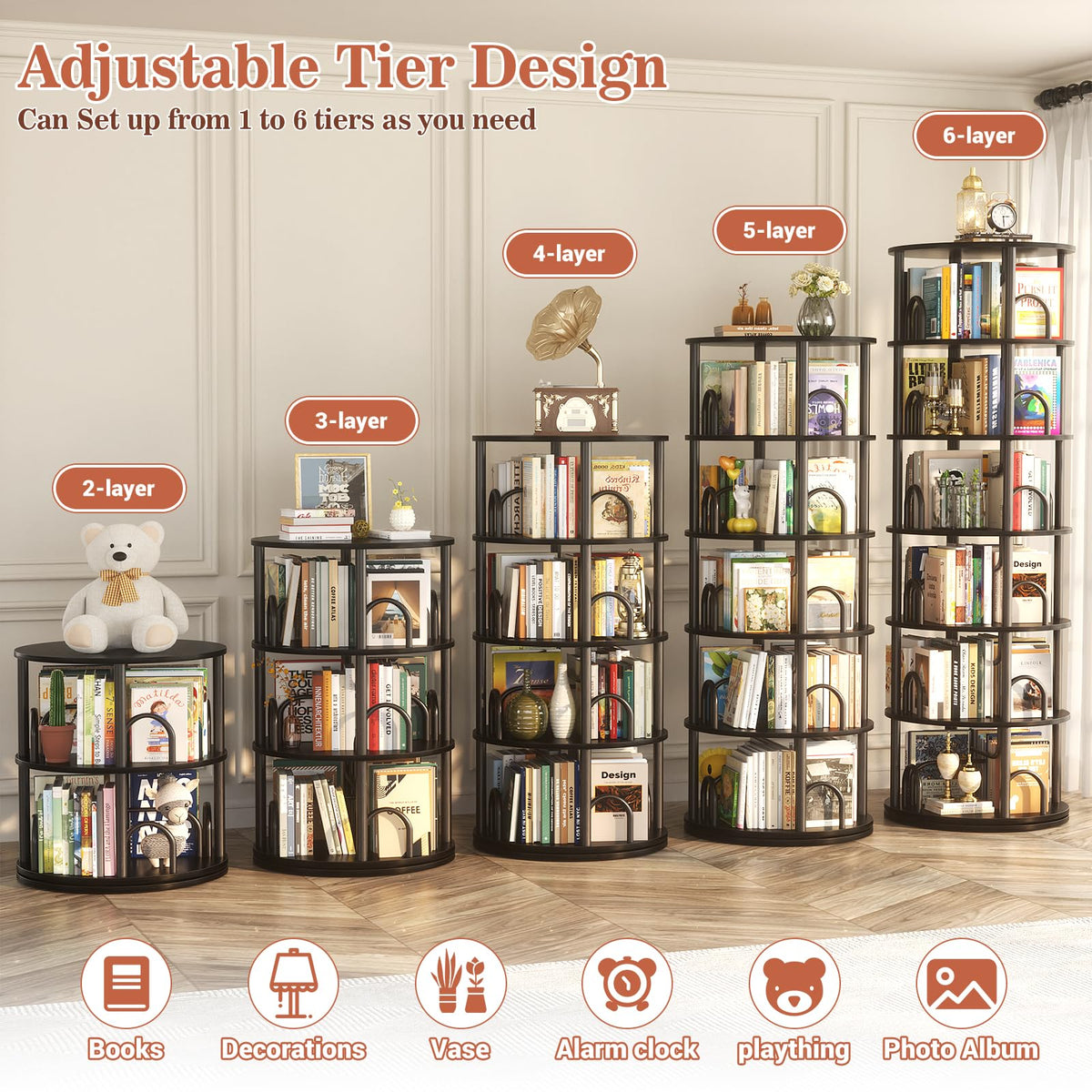 6 Tier Rotating Bookshelf Tower Black W858