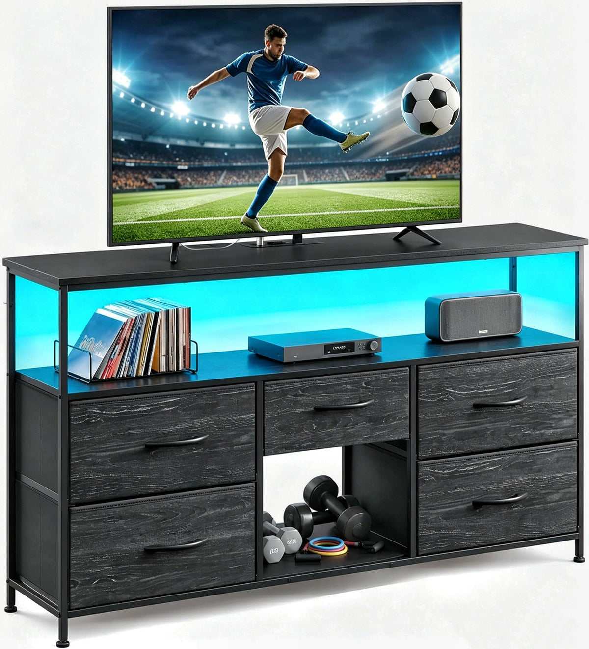 Black TV Stand with LED & Outlets, 5-Drawer Storage L40233