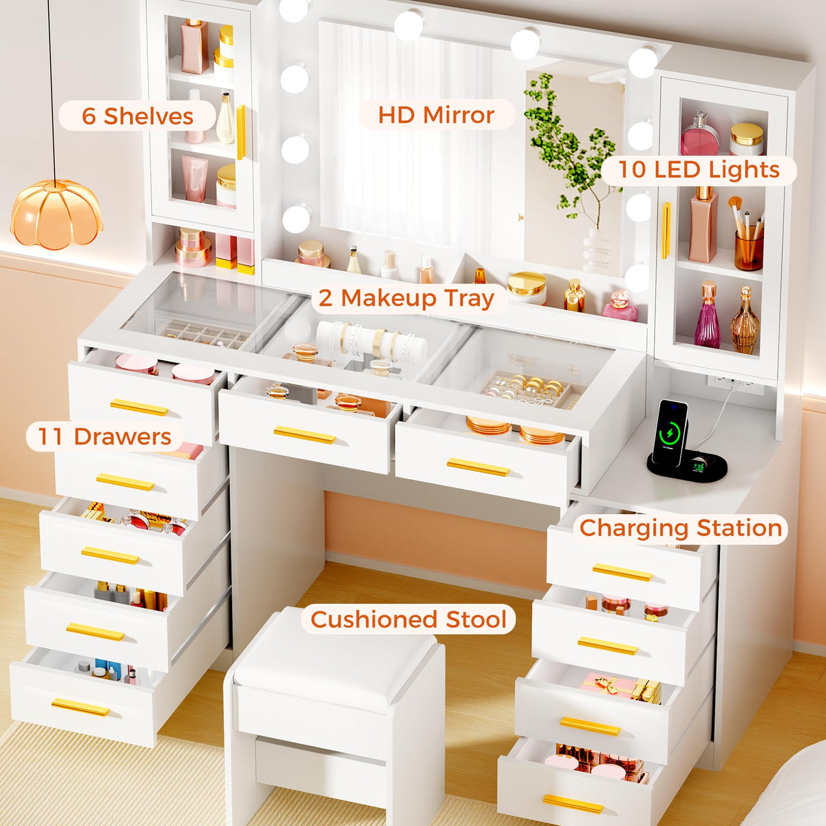 White Glass Top Vanity Desk with Mirror and Lights H6005