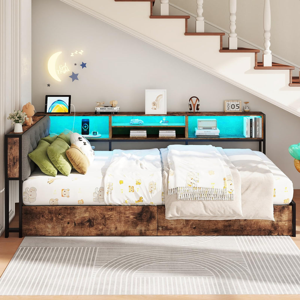 Twin Size Corner Bed Frame with Storage and Headboard O431419