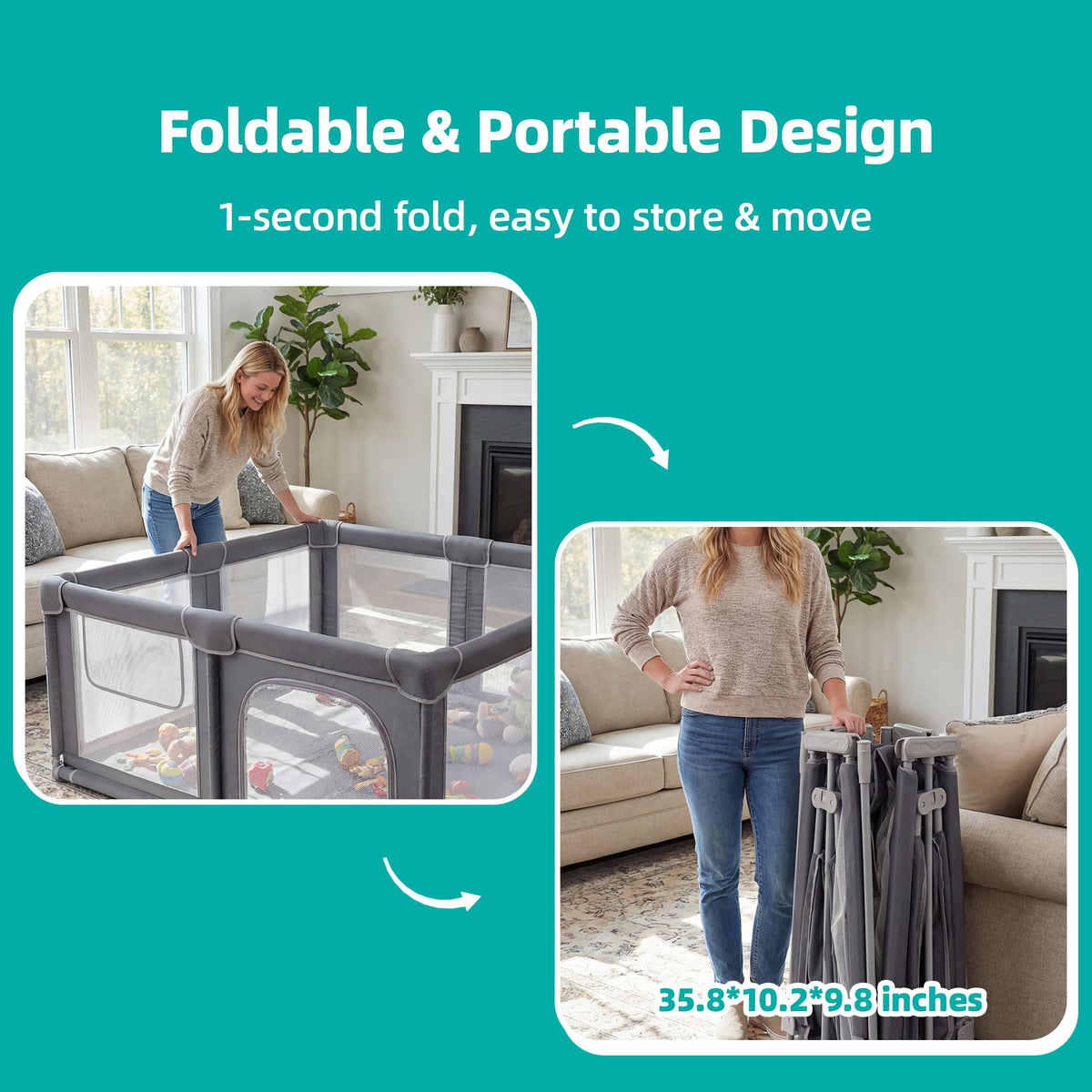 Foldable Baby Playpen with Mat, 71x59 Inches, Grey O26593