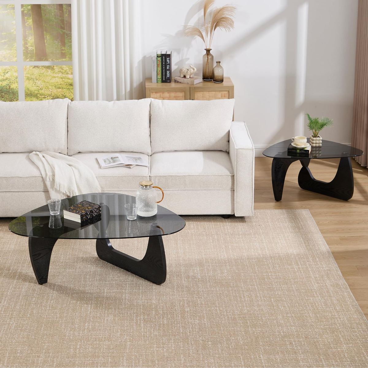 Modern Triangle Glass Coffee Table with Wood Base U649