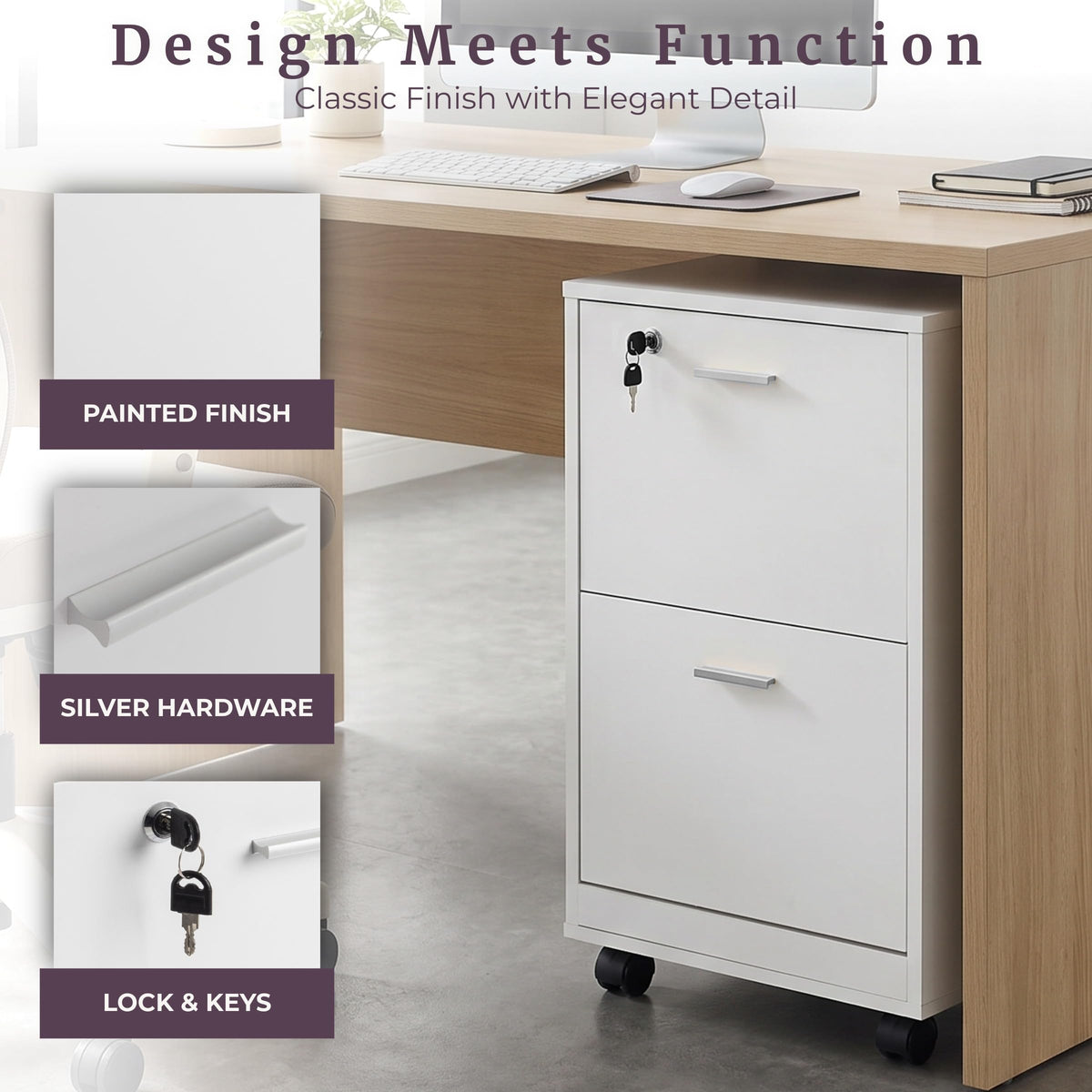 White 2-Drawer Wooden File Cabinet with Lock K56141
