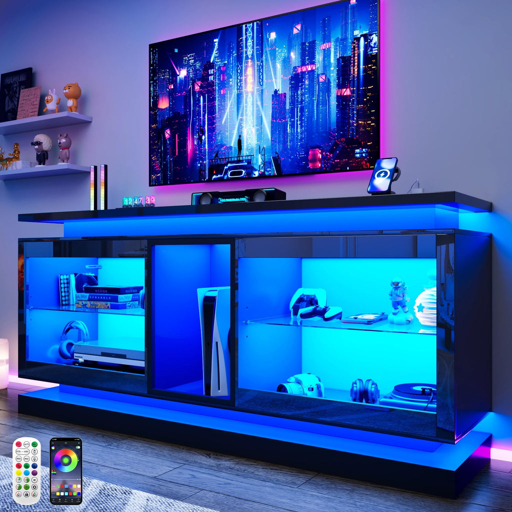 70" TV Stand with LED Lights and Power Outlets, Black T35574