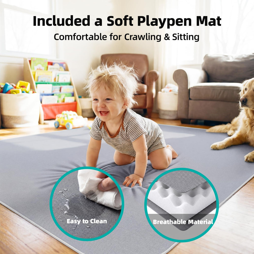 Foldable Baby Playpen with Mat, 71x59 Inches, Grey O26593