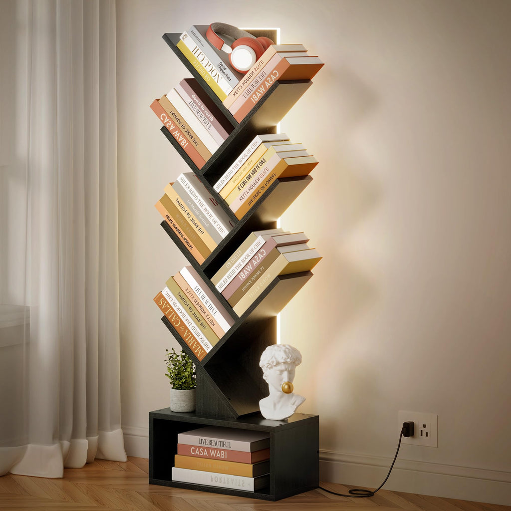 6 Tier Tree Bookshelf with Drawer and LED Lights I408