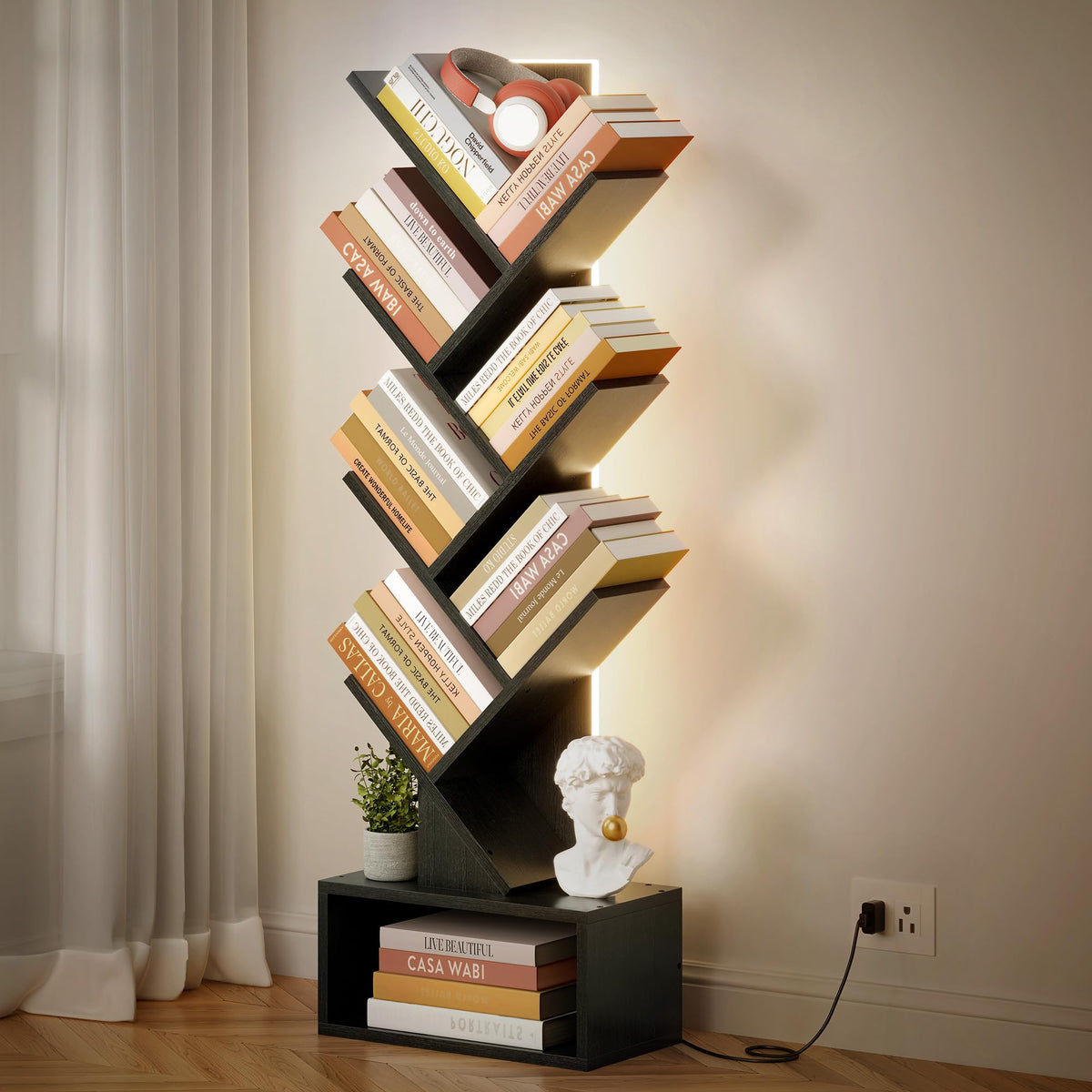6 Tier Tree Bookshelf with Drawer and LED Lights I408