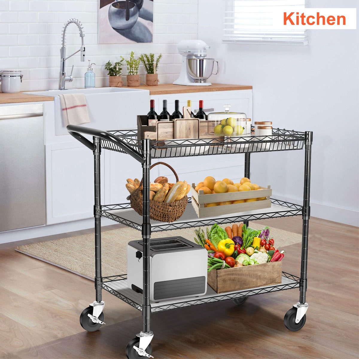 Heavy Duty 3 Tier Rolling Utility Cart with Wheels, Black Y486902