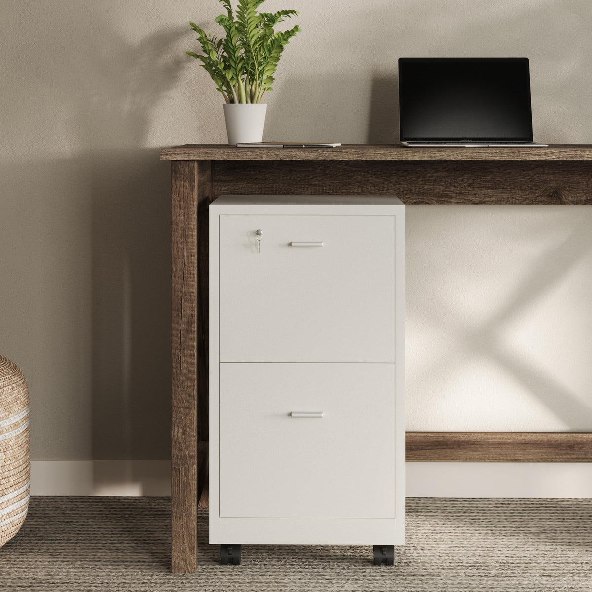 White 2-Drawer Wooden File Cabinet with Lock K56141