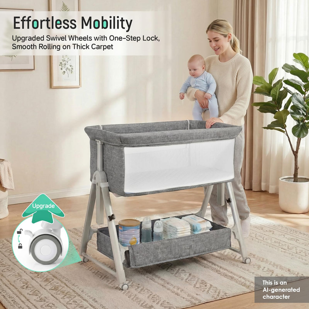 Baby Bassinet Bedside Crib with Mattress Wheel Storage Travel Bag Light Grey B87933