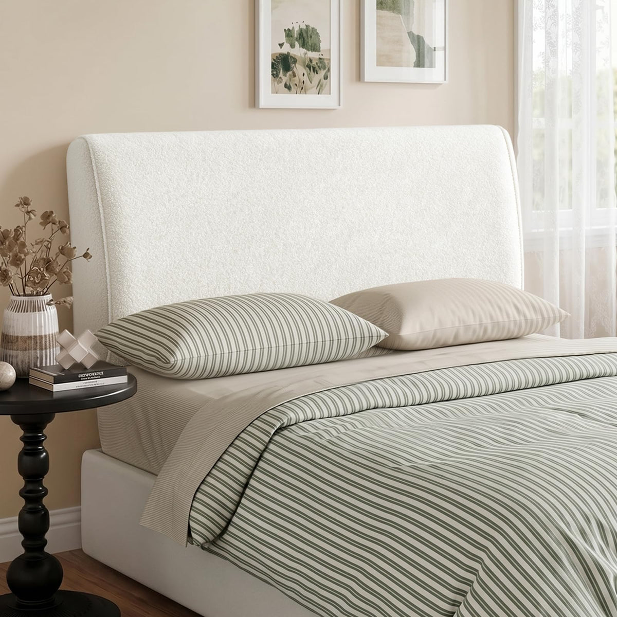 4.7" Upholstered Queen Size Headboard Teddy Velvet Beige T9359