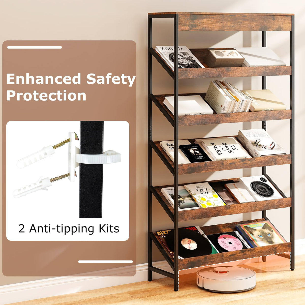 6-Tier Tall Freestanding Bookshelf with Angled Shelves X2421
