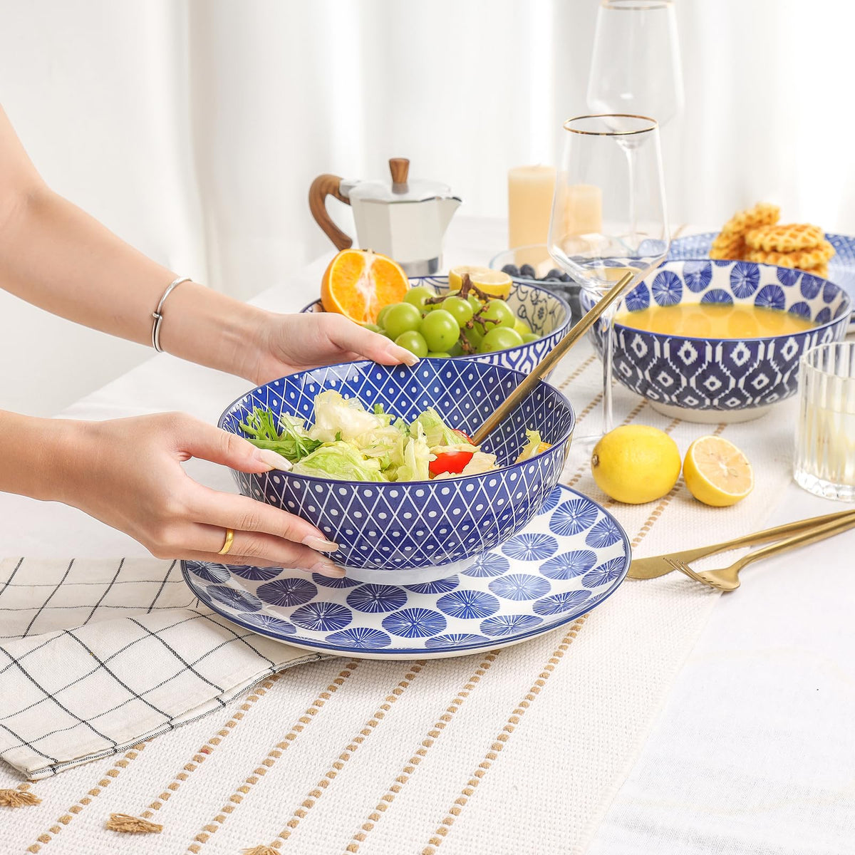 Ceramic 53 OZ Salad Bowls Set, Set of 3, Vintage Blue N728690