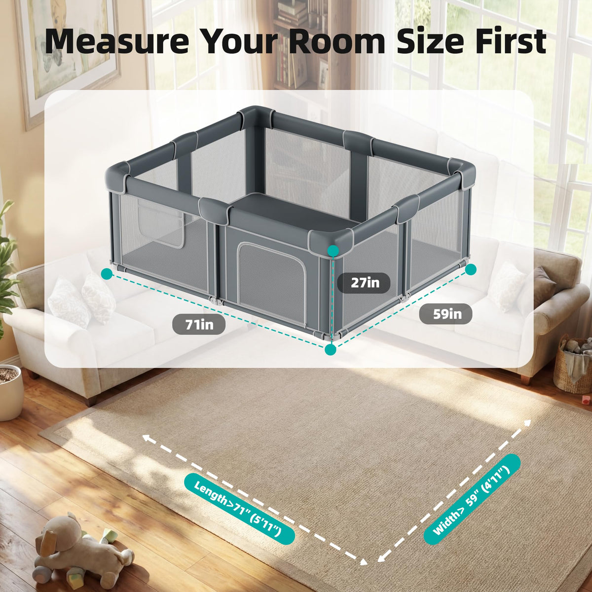 Foldable Baby Playpen with Mat, 71x59 Inches, Grey O26593