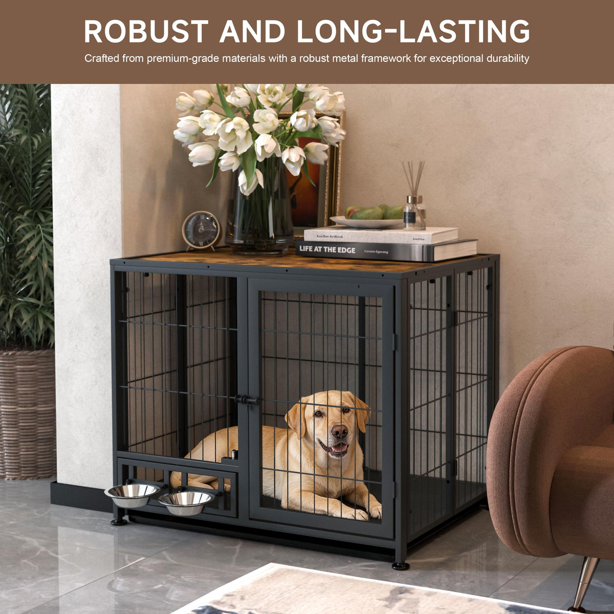 Heavy Duty Foldable Dog Crate with Wheels & Feeding Bowls Y707