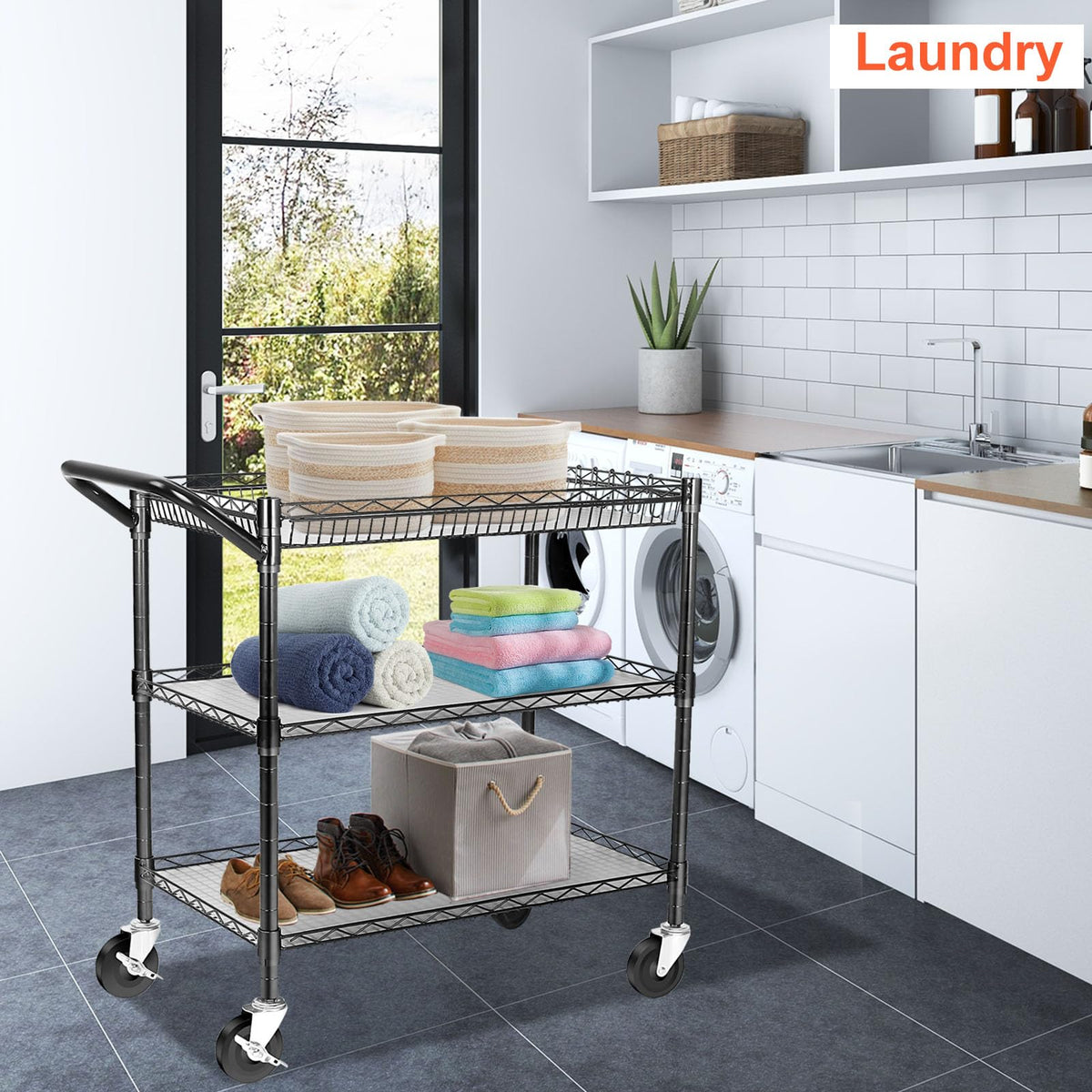 Heavy Duty 3 Tier Rolling Utility Cart with Wheels, Black Y486902