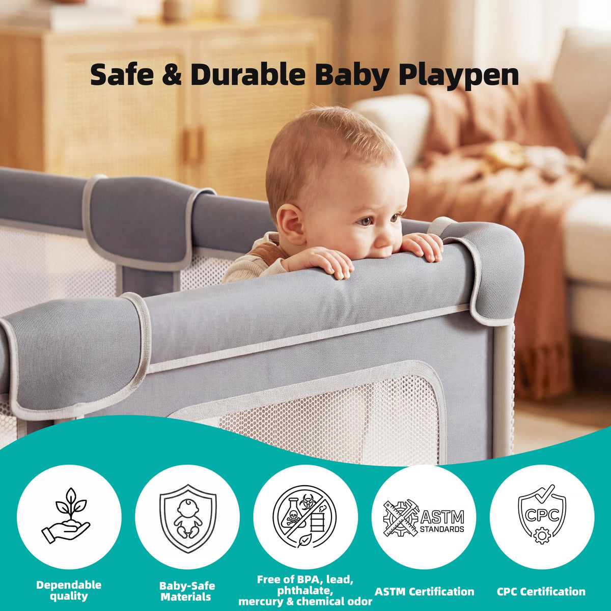 Foldable Baby Playpen with Mat, 71x59 Inches, Grey O26593