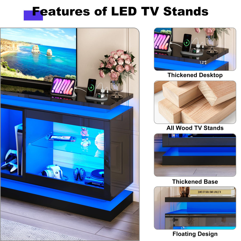 70" TV Stand with LED Lights and Power Outlets, Black T35574