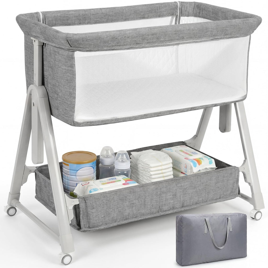 Baby Bassinet Bedside Crib with Mattress Wheel Storage Travel Bag Light Grey B87933