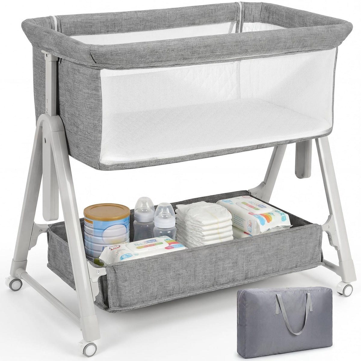 Baby Bassinet Bedside Crib with Mattress Wheel Storage Travel Bag Light Grey B87933